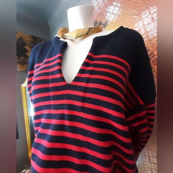 Massimo Dutti Cotton Blend Navy and Red Striped Sweater - Picture 5 of 13